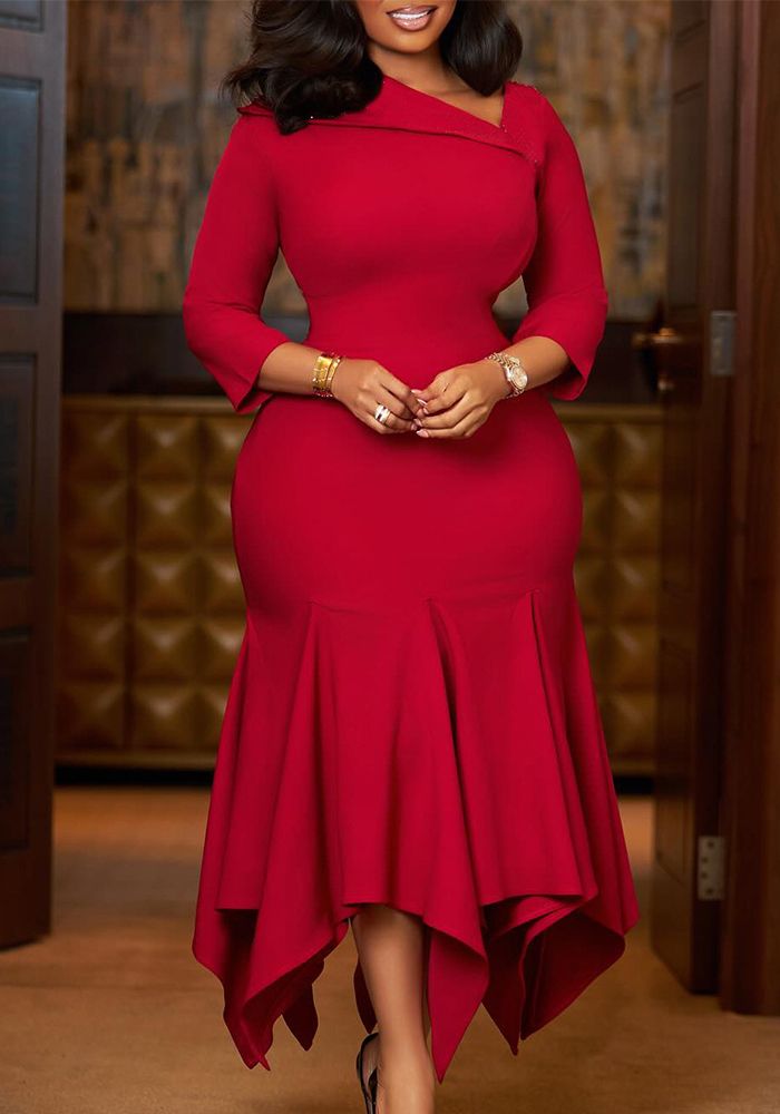 Robe Femme Élégante À Épaule Dégagée À Manches Trois Quarts Irregulière