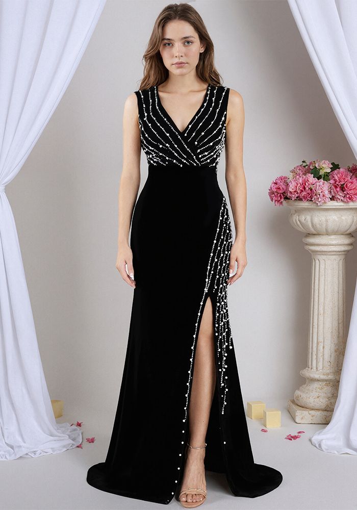 Robe Maxi Formelle à Fente et Décorée de Rhinestones pour Femmes