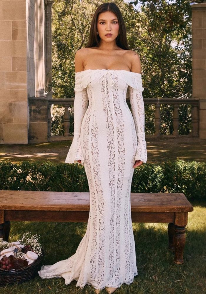 Robe Bodycon Longue à Manches Longues en Dentelle Off-Shoulder pour Femmes en Automne