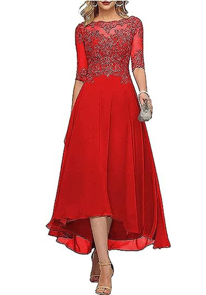 Robe Élégante en Dentelle Chiffon à Manches Mi-Longues pour Femmes