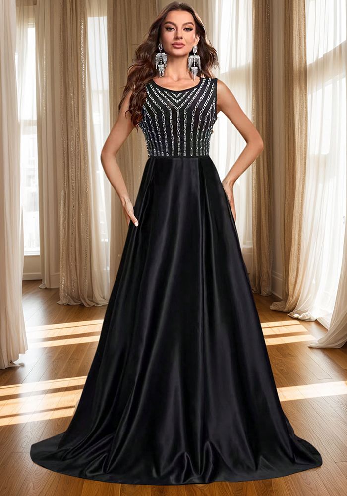 Robe Longue Sans Manches Femme Mode Cristal Col Rond Maille A-Line Soirée