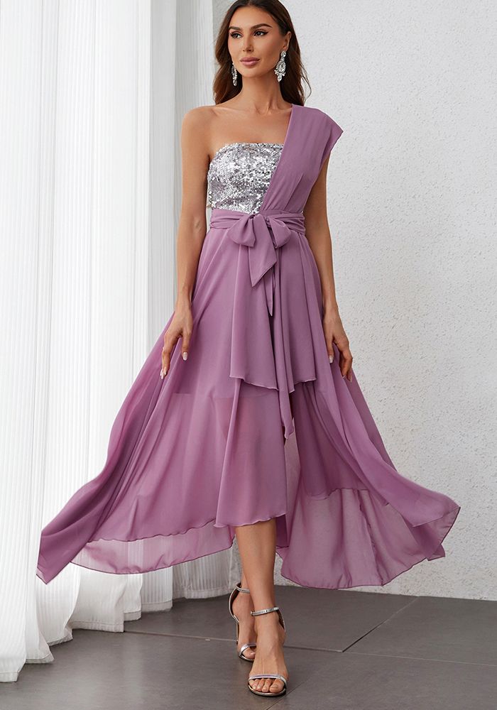 Robe de soirée en chiffon à sequins pour femmes, une épaule, automne hiver