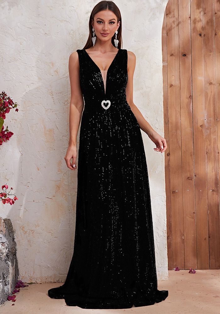 Robe de soirée longue sans manches en V avec sequins pour femmes