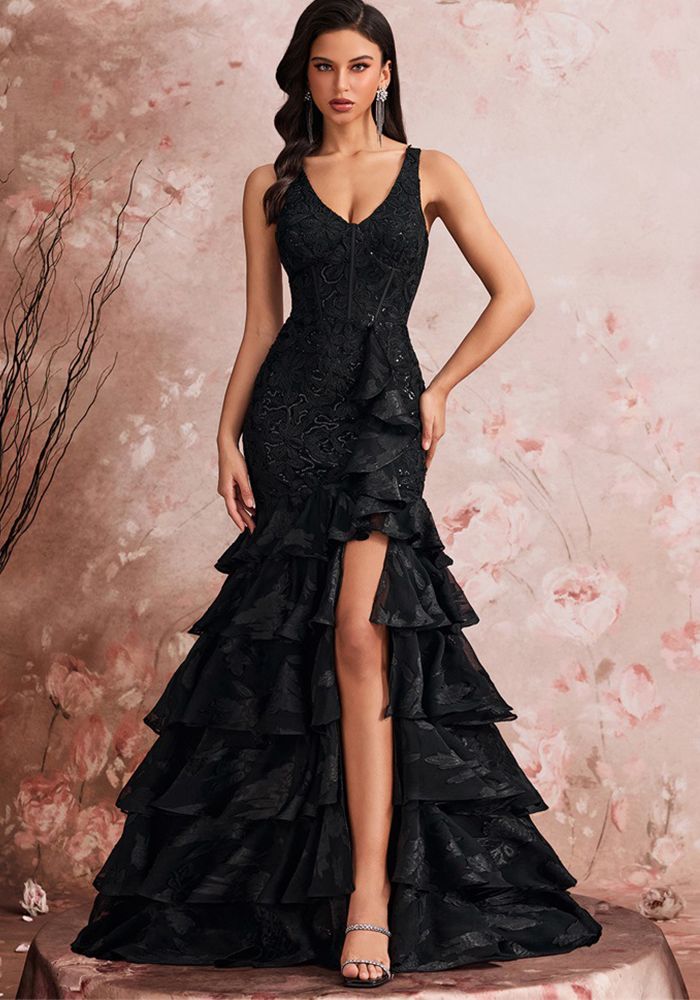 Robe de Soirée Élégante Longue à Encolure Biseautée pour Femmes, Fente Luxueuse, Robe de Demoiselle d'Honneur, Graduation, Volants Cascadants