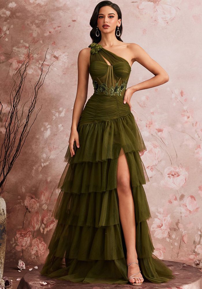 Robe de Soirée Élégante Longue à Encolure Biseautée pour Femmes, Fente Luxueuse, Robe de Demoiselle d'Honneur, Graduation, Volants Cascadants