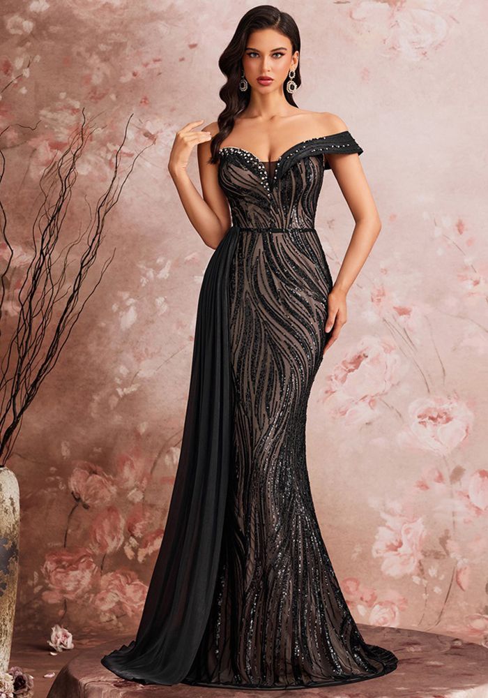 Robe de Soirée Élégante Femme en Sequins à Panneaux V-Cou Off-Épaule