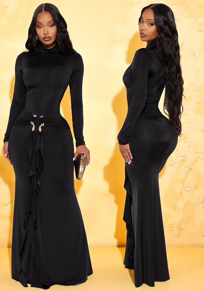 Robe Maxi Élégante à Manches Longues en Ruban Métallique pour Femmes