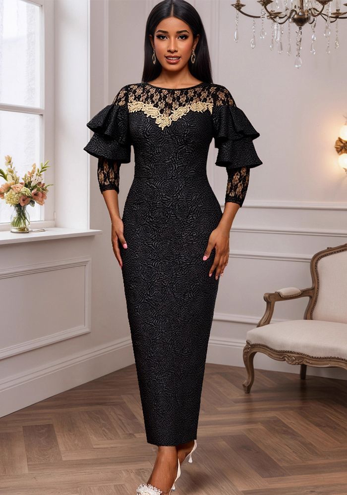 Robe de Soirée Formelle à Manches Volantes en Dentelle Noire et Jacquard à Panneaux Slim Taille Ajustée