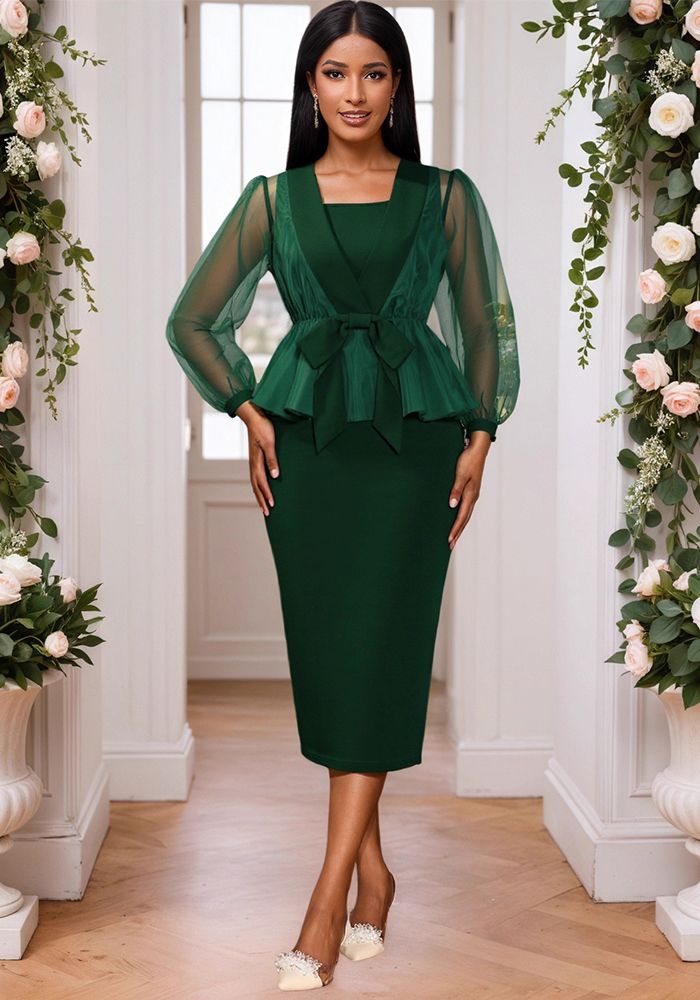 Robe de Soirée Slim Fit à Manches Transparentes avec Nœud en Tulle - Ensemble Deux Pièces