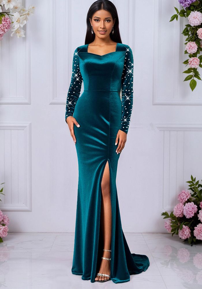 Robe de Soirée Élegante en Velours à Manches Longues Haute Taille avec Perles et Fente Sirène