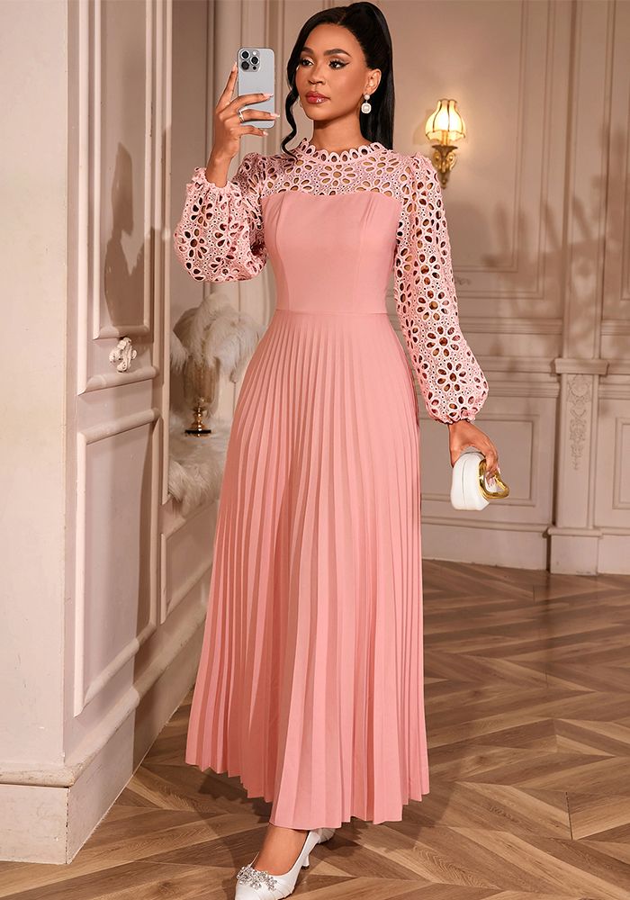 Robe Maxi de Soirée Élegante en Dentelle à Manches Longues, Taille Cintrée, Plissée en A-Ligne