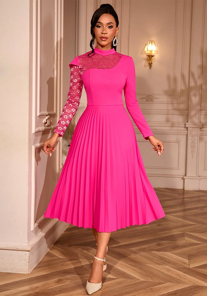 Robe de Soirée Élegante en Dentelle à Panneaux avec Col Montant à Manches Longues et Taille Cintrée Plissée en A-Line