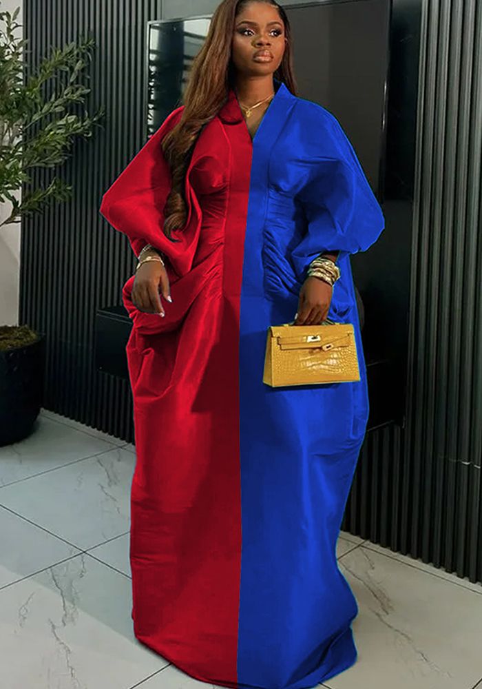 Robe Maxi de Soirée Fashion Africain à Manches Longues Batwing V-Cou Évasée à Taille Slim