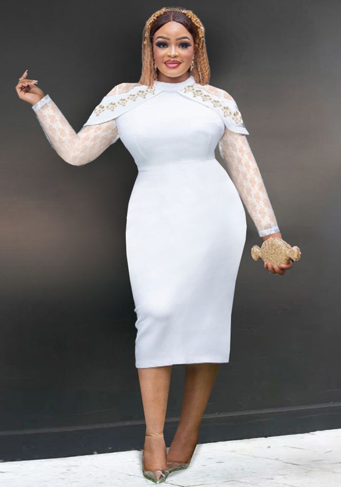 Robe de Soirée à Col Rond en Dentelle à Manches Longues Slim Taille Bodycon pour Demoiselle d'Honneur