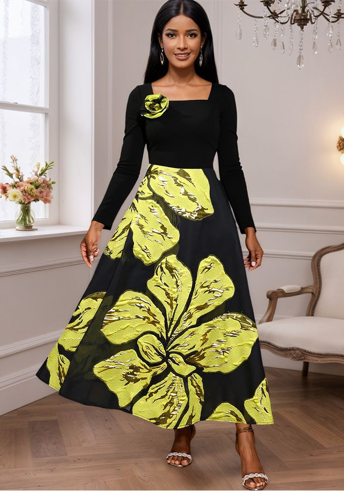 Robe Femme à Col Carré à Manches Longues en Jacquard de Couleur Contrastée