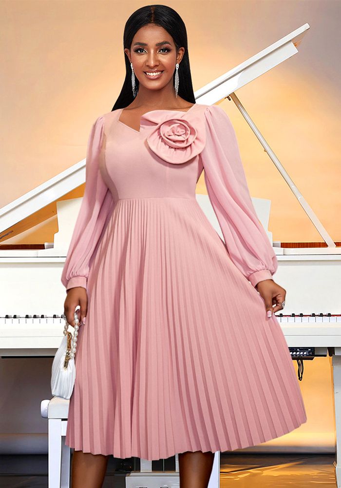 Robe Plissée Élégante à Manches Lanternes V-Neck Grande Taille Femme