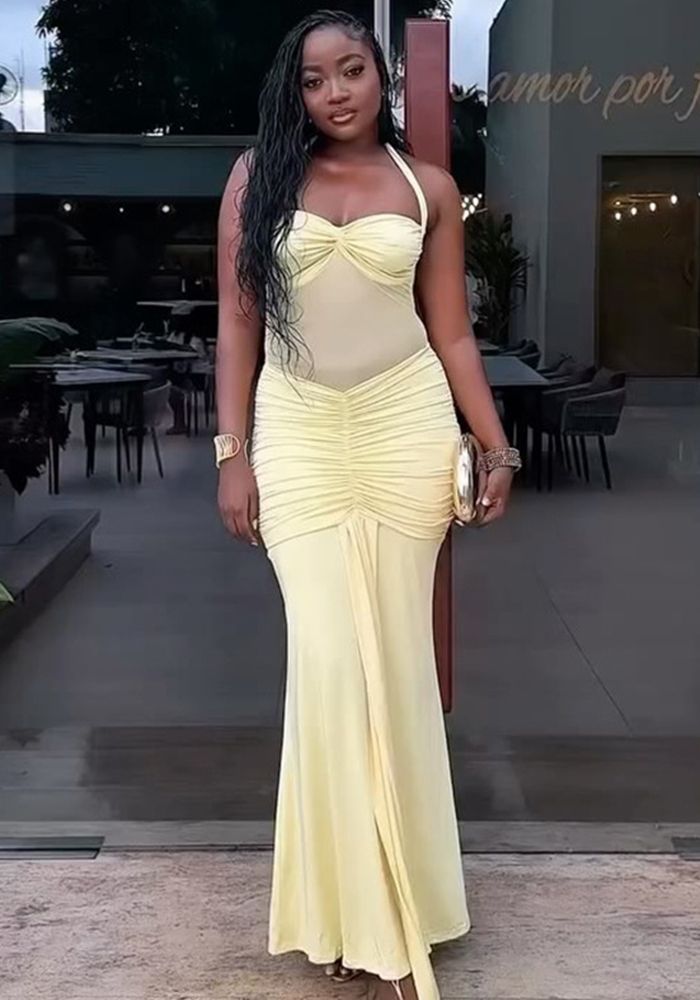 Robe Bodycon Dos Nu à Col Halter Plissée Femme Casual Vacances