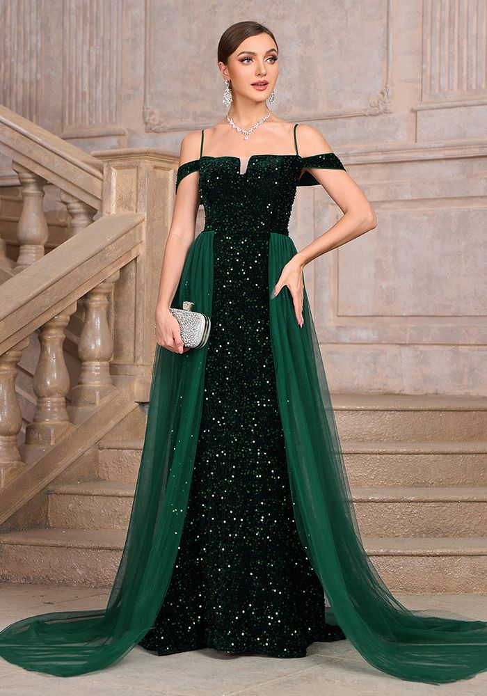 Robe de Soirée Longue à Paillettes pour Femmes avec Traîne Élégante pour Mariage, Fête Formelle, Bal