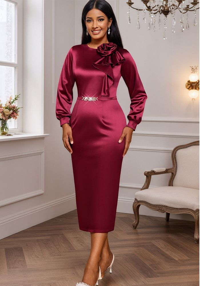 Robe Longue à Manches Longues Élégante Chic Slim Taille Floral en Satin pour Femme