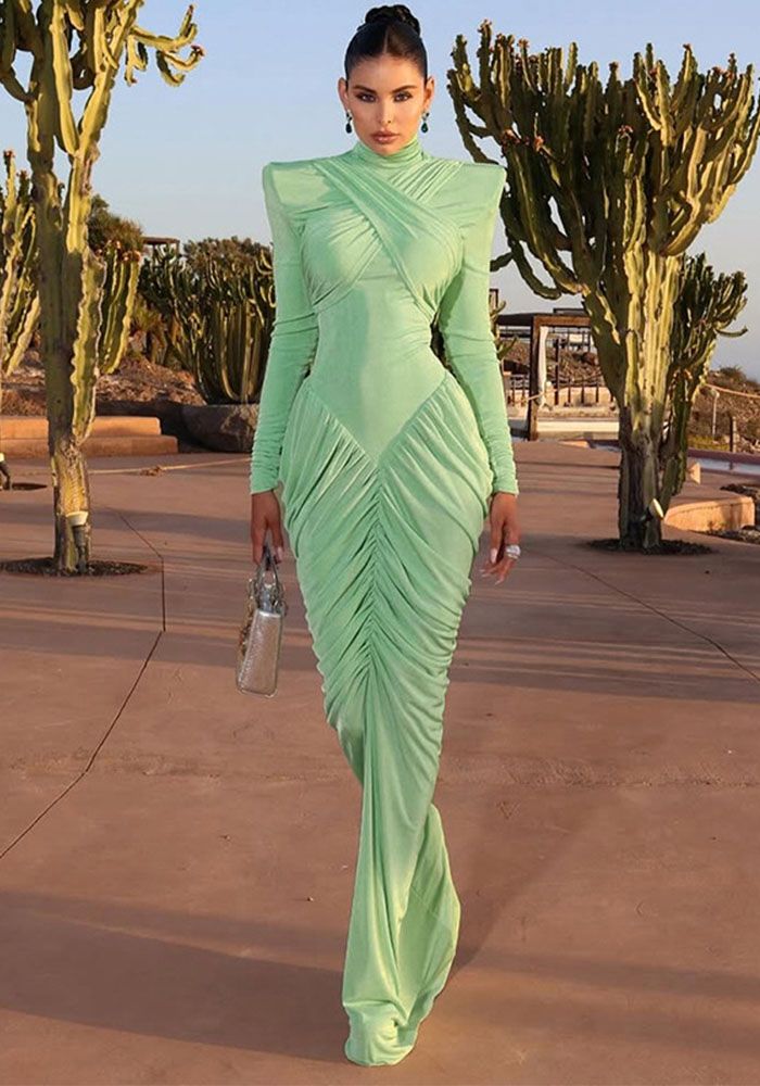Robe longue à col haut, unie, à manches longues, dos nu et froncée pour femmes
