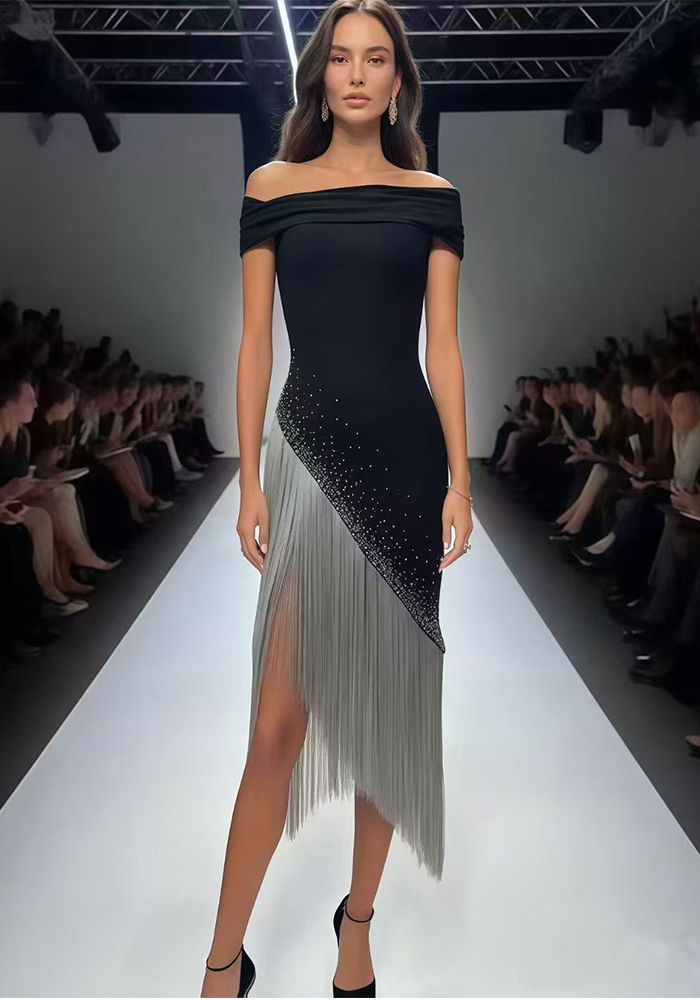 Robe Bandage Sans Bretelles avec Franges en Diamant et Paillettes pour Femmes