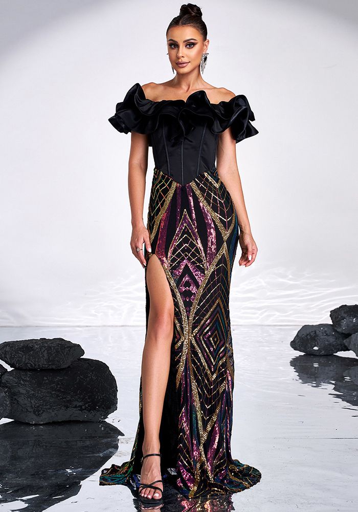 Robe de soirée longue slim à épaules dénudées pour femmes avec sequins et fente
