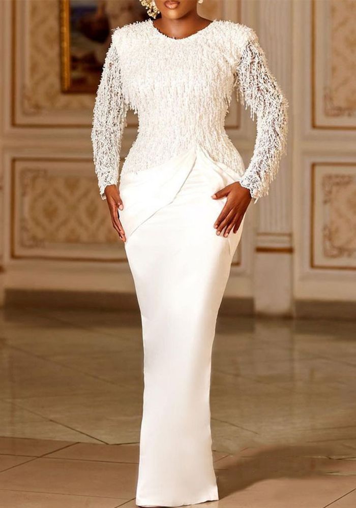 Robe Longue à Manches Longues en Dentelle Frangée Chic pour Femme