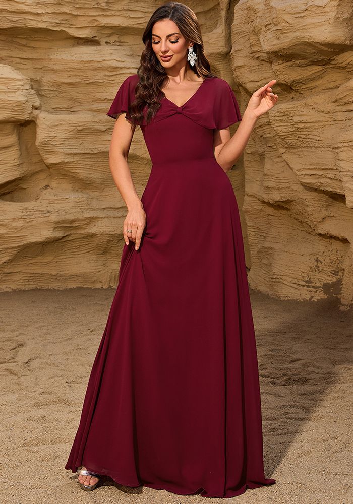 Robe de Soirée Femme en Chiffon à Col V avec Nœud et Fermeture Éclair au Dos