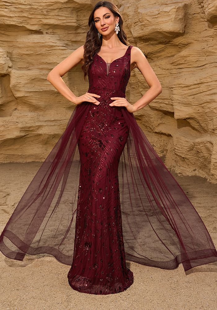 Robe de soirée en mesh à patchwork sequins pour femmes
