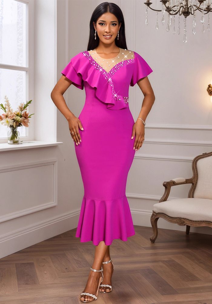 Robe de Soirée Sirène à Encolure Ronde, À Volants Asymétriques et Perles, Coupe Slim