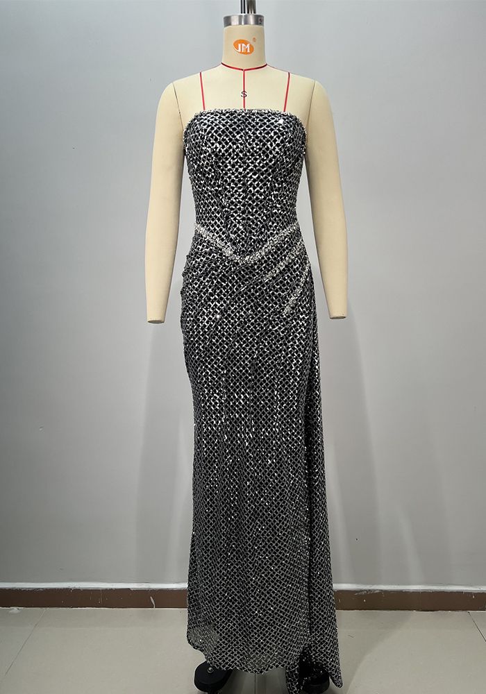 Robe de soirée femme noire bandeau à sequins avec traîne et strass