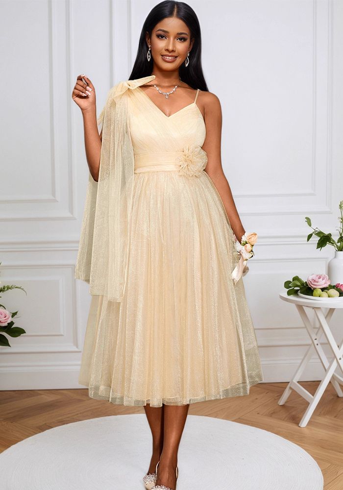 Robe de soirée pour femmes à une épaule en mesh avec décolleté en V floral