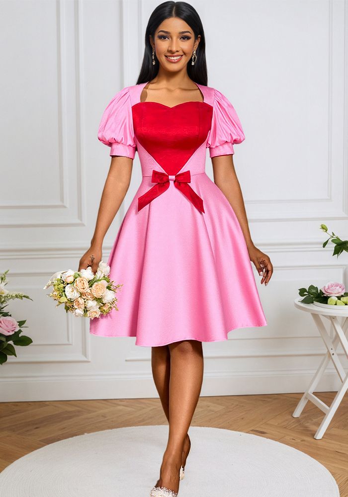 Robe de soirée pour femmes avec imprimé cœur contrasté et manches bouffantes