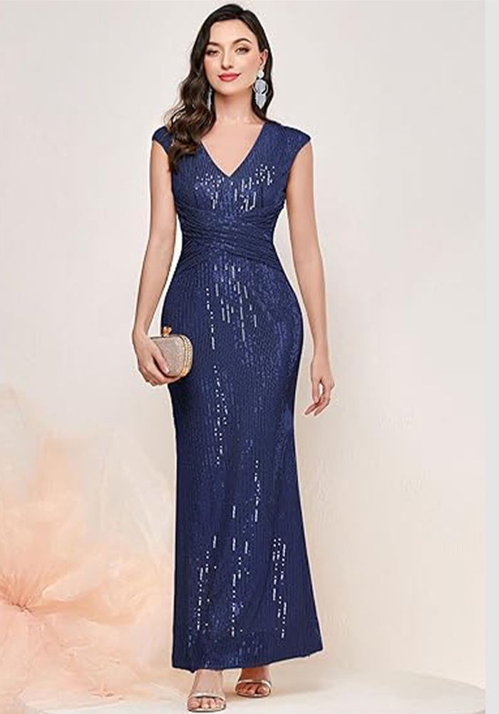Robe de cocktail plissée à paillettes et décolleté en V pour femme