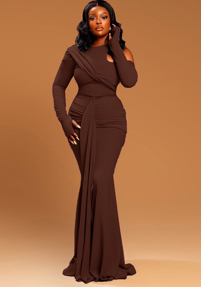 Robe Bodycon Femme Unie Plissée À Une Épaule Avec Lacets Et Découpe Col Rond