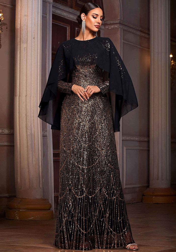 Robe de Soirée Formelle à Manches Longues et Col Rond pour Femmes avec Cape