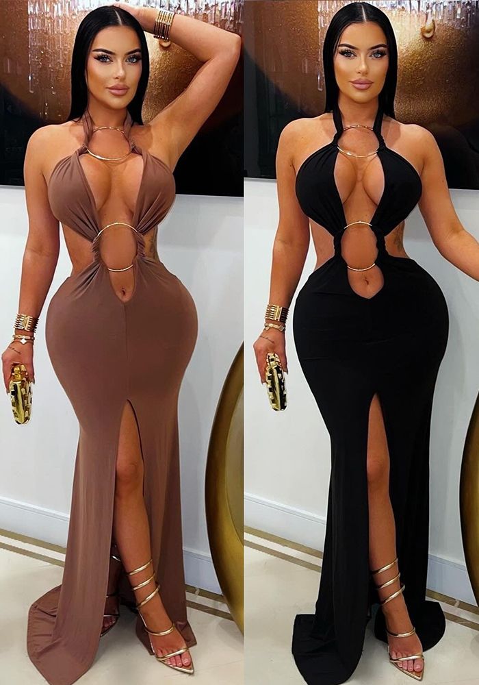 Robe de soirée à col halter en dentelle avec fente sirène