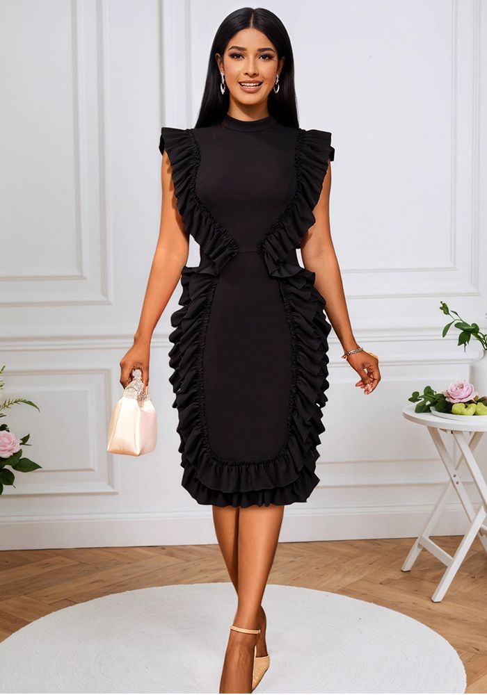 Robe de soirée formelle slim sans manches à col montant et volants pour femmes