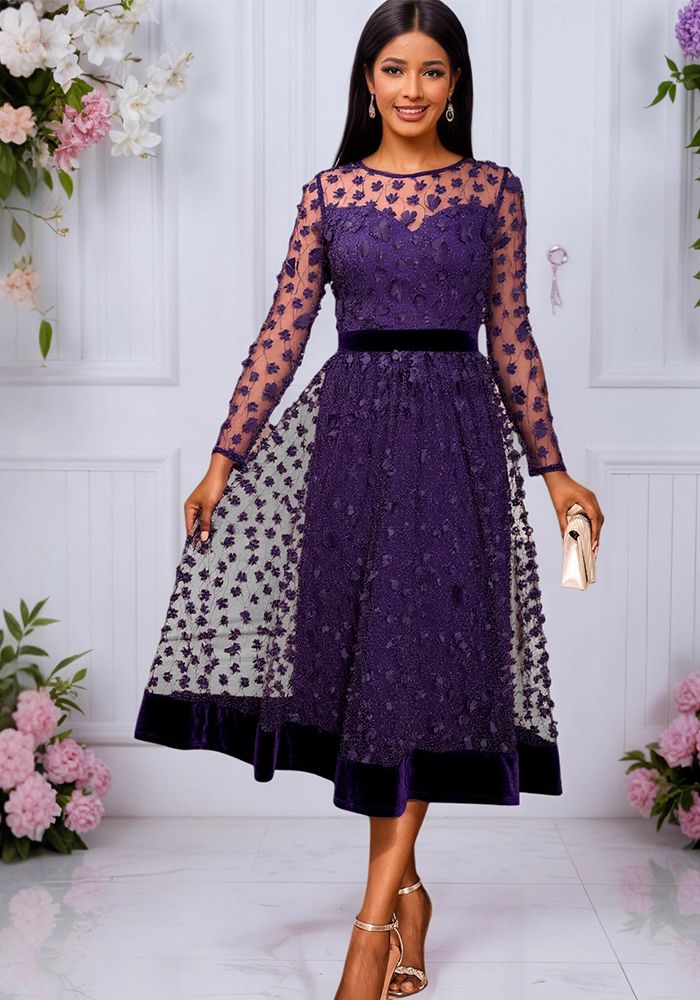Robe Midi Formelle à Manches Longues en Maille à Col Rond en Velours avec Taille Slim A-Line