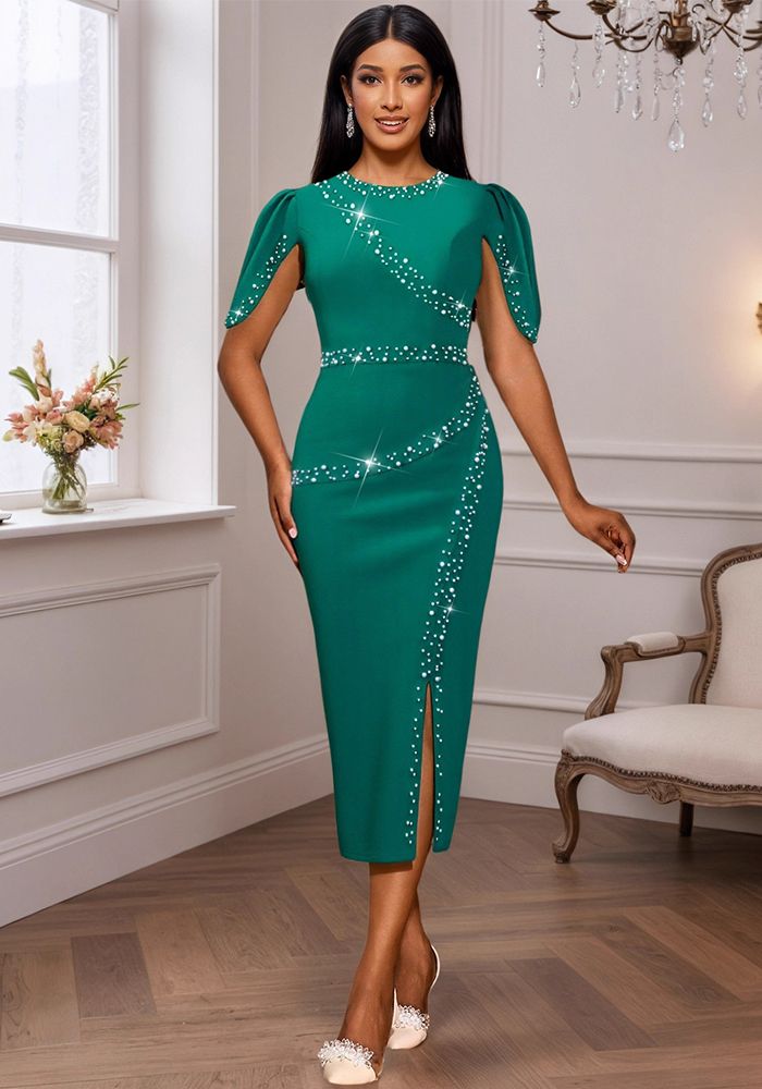 Robe de soirée formelle à manches volantées et décolleté rond pour femmes avec perles et fente ajustée