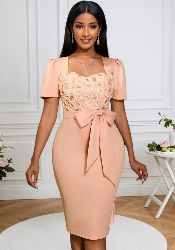 Robe Bodycon Formelle à Encolure Carrée et Nœud pour Femmes