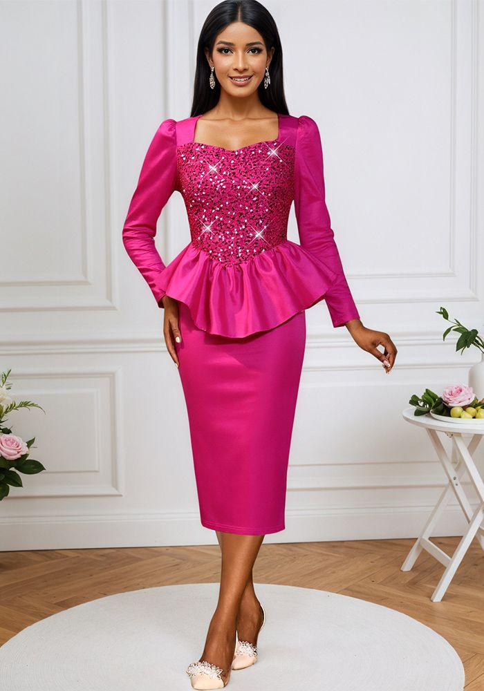 Robe à sequins à col carré à manches longues, taille slim, volants, robe bodycon pour soirée