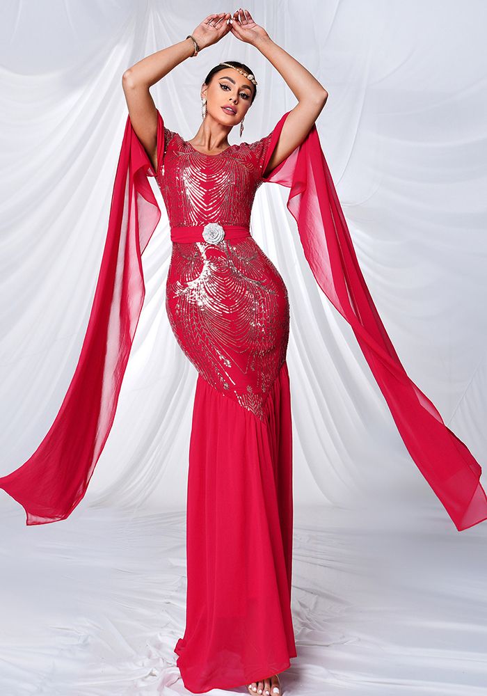 Robe de soirée à manches longues pour femmes avec décolleté rond en sequins et traîne