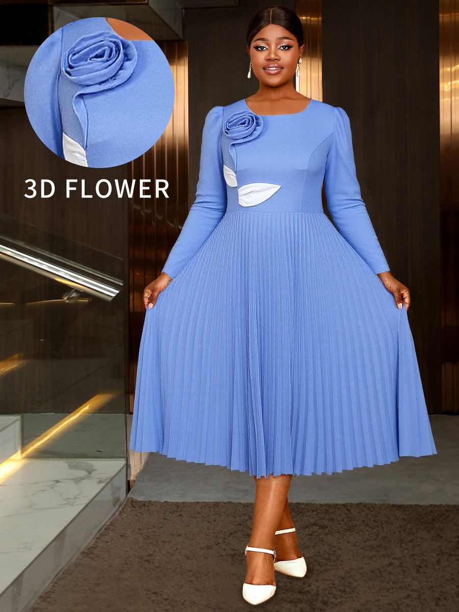 Robe Élégante d'Automne à Col Rond et Manches Longues Imprimé Floral en Bloc de Couleurs avec Plis pour Soirée Formelle