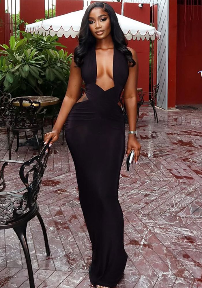 Robe longue ajustée à col halter pour femmes en couleur unie