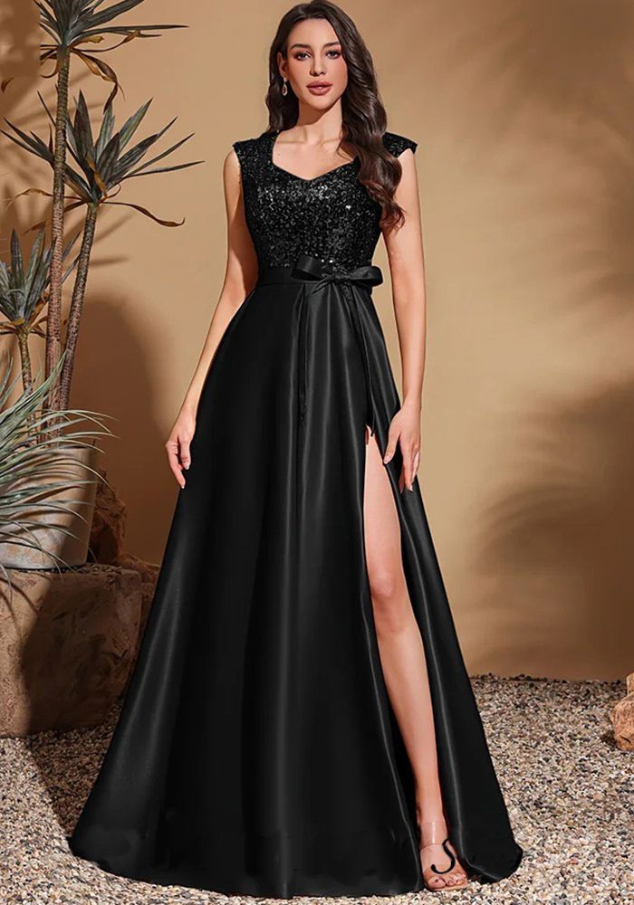 Robe de Soirée Sirène Élégante Noire à Paillettes pour Femmes avec Décolleté en V (Délai de traitement de 3 à 6 jours)