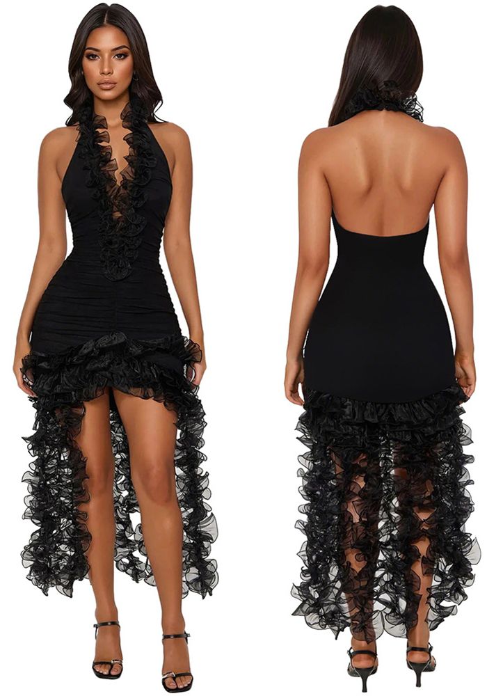 Robe à Volants Unicolore Profonde en V à Col Halter