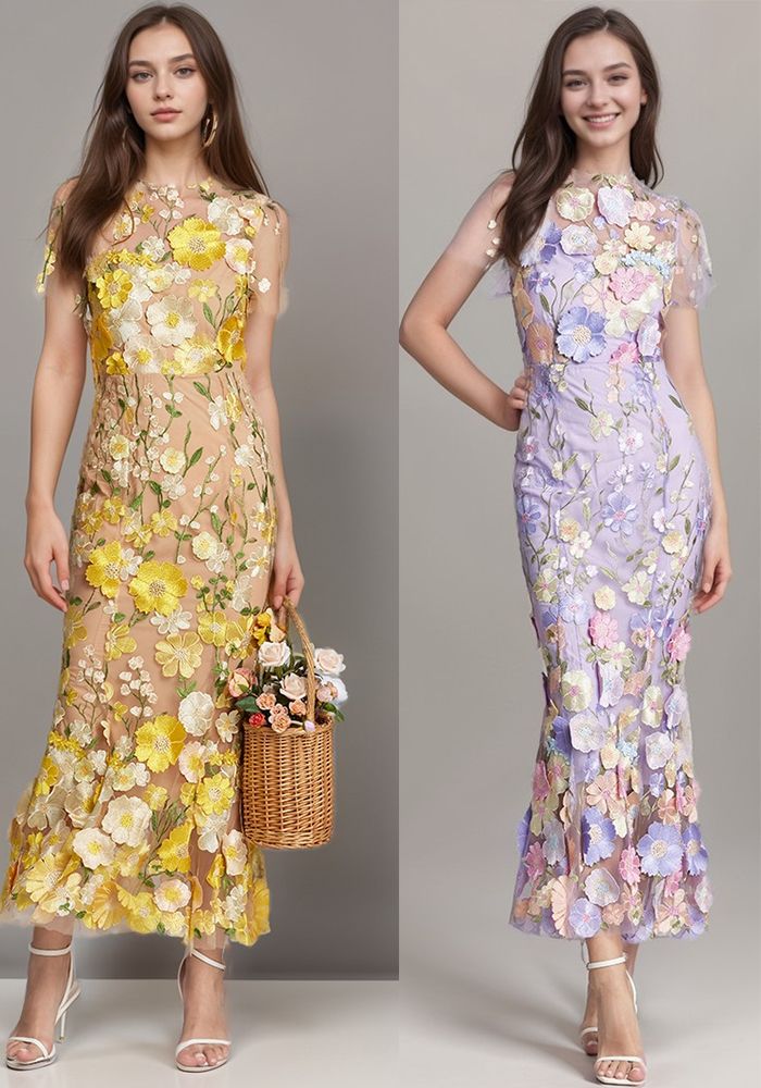 Robe de Soirée Femme avec Broderie Florale et Robe Maxi à Queue de Poisson