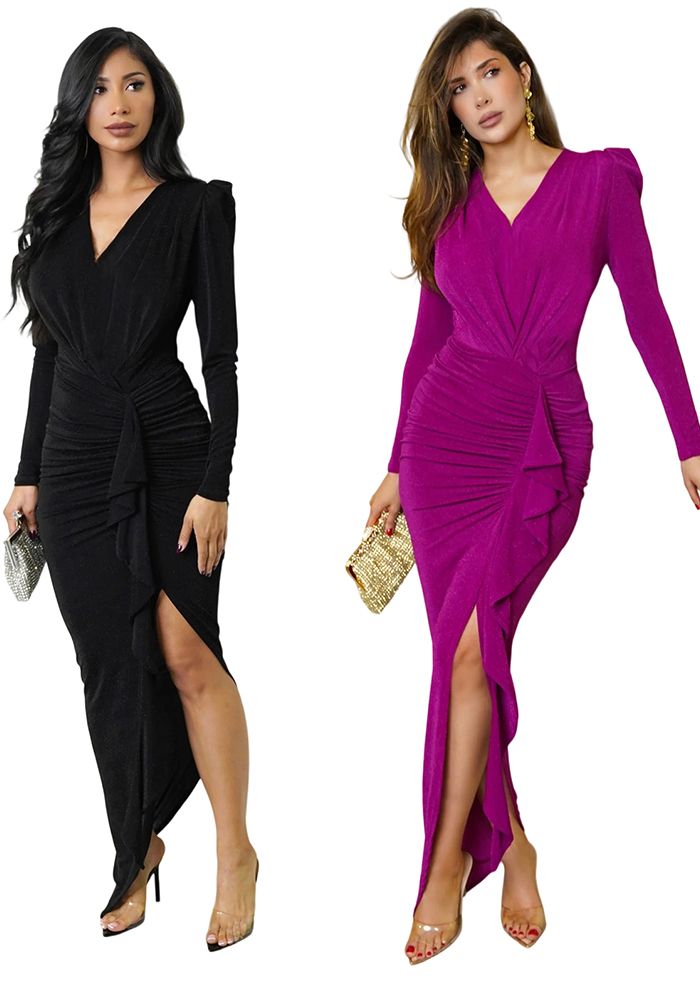 Robe Femme Automne à Manches Longues V-Cou Fendue