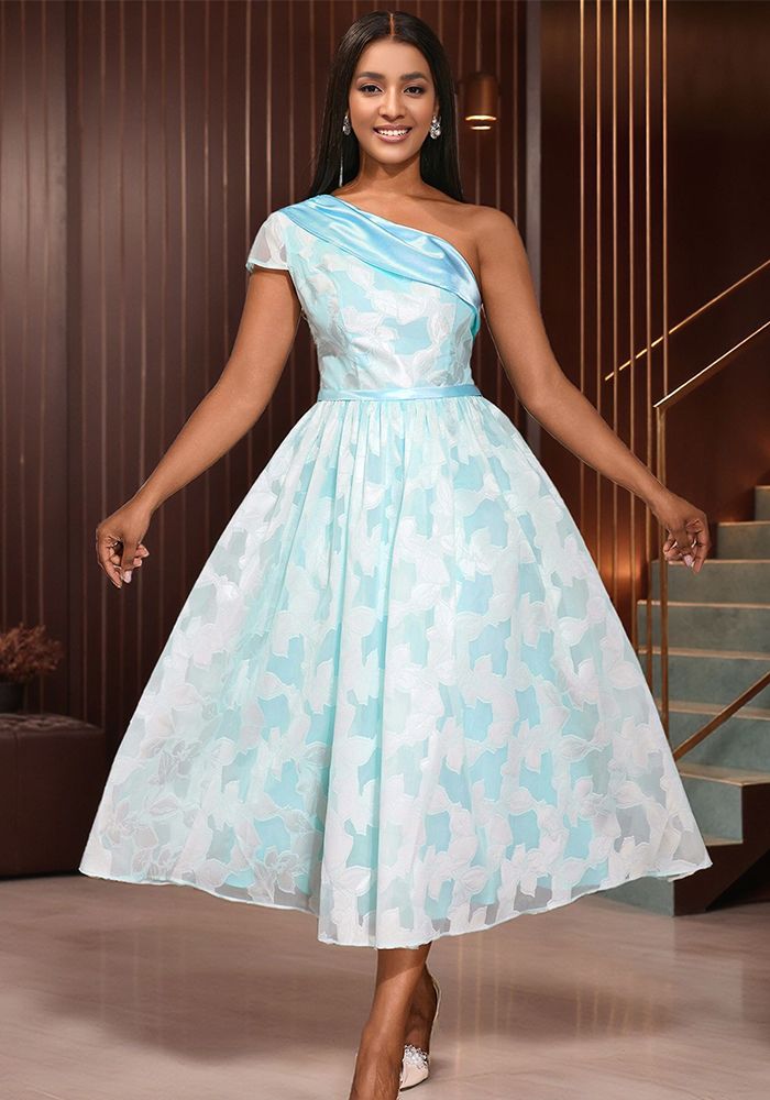 Robe de soirée formelle à épaules dénudées en jacquard contrasté pour femmes